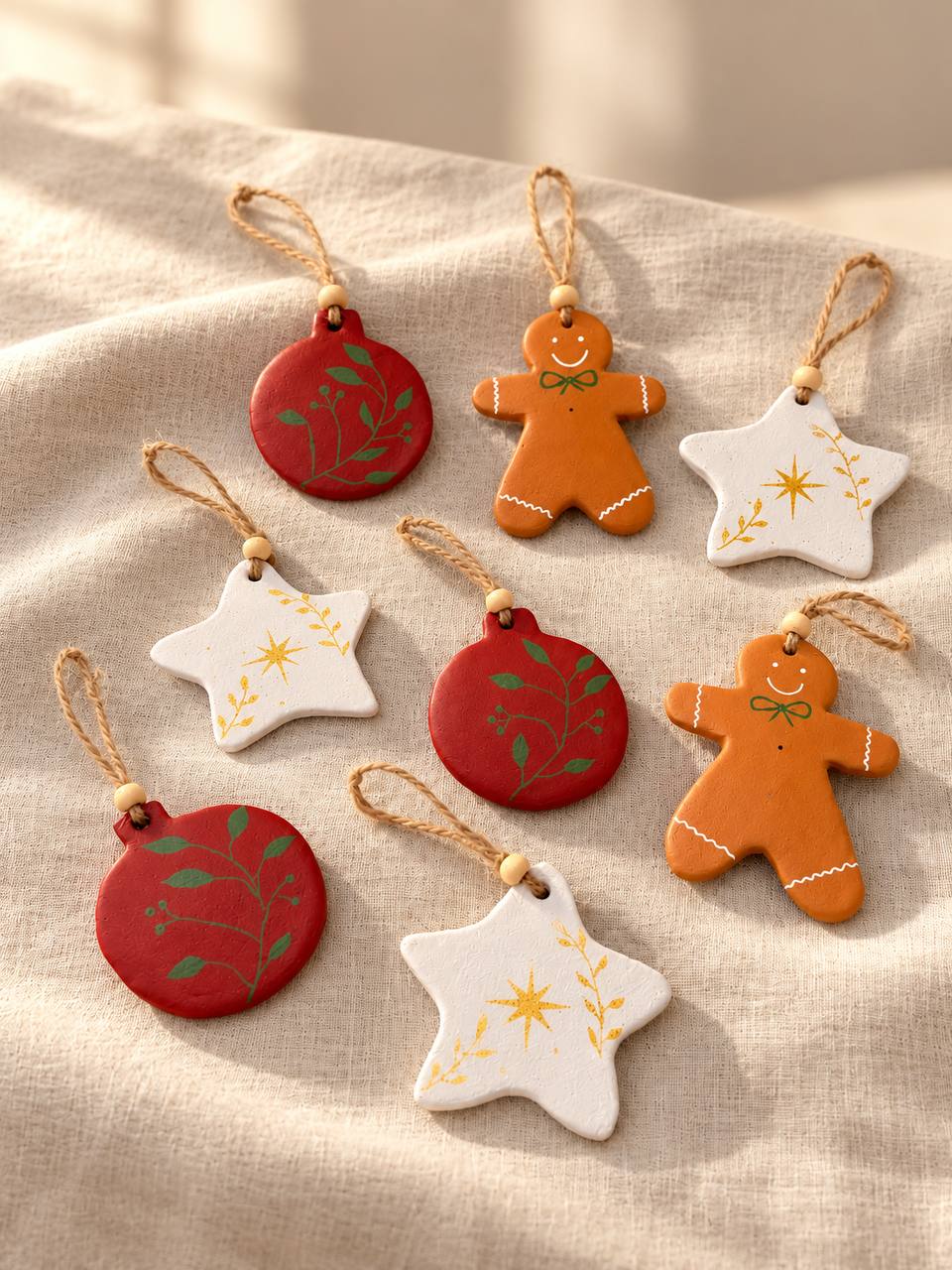 Oito enfeites de Natal pintados: bolas vermelhas com ramos verdes, estrelas brancas com detalhes dourados e bonecos de gengibre